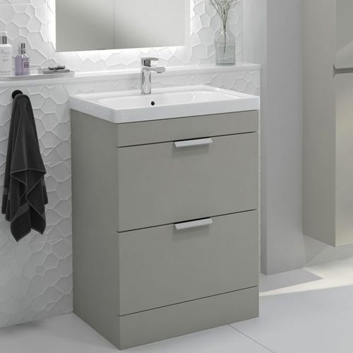Stockholm Floor Standing 2 Drawer Vanity Unit | 600mm | Arctic Grey | Brushed Chrome Handle