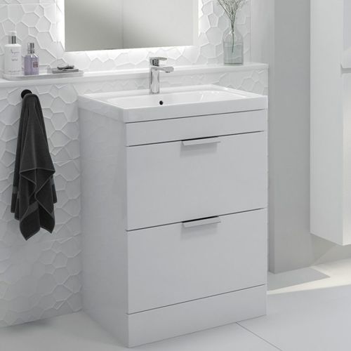 Stockholm Floor Standing 2 Drawer Vanity Unit | 600mm | Gloss White | Brushed Chrome Handle