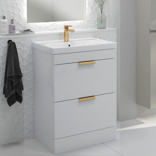 Stockholm Floor Standing 2 Drawer Vanity Unit 600mm Gloss White Brushed Gold Handle
